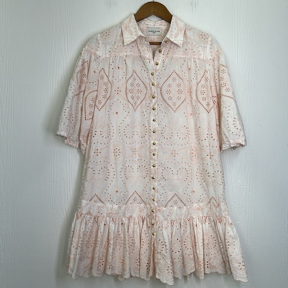 Miss June Paris - Louisa Boho Light Pink Embroidered Gold Buttons Mini Dress S/M - Picture 8 of 13